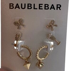 BaubleBar Gold Tone Earring Set Bow Champagne Flute Huggie Hoop 3 Pairs‎